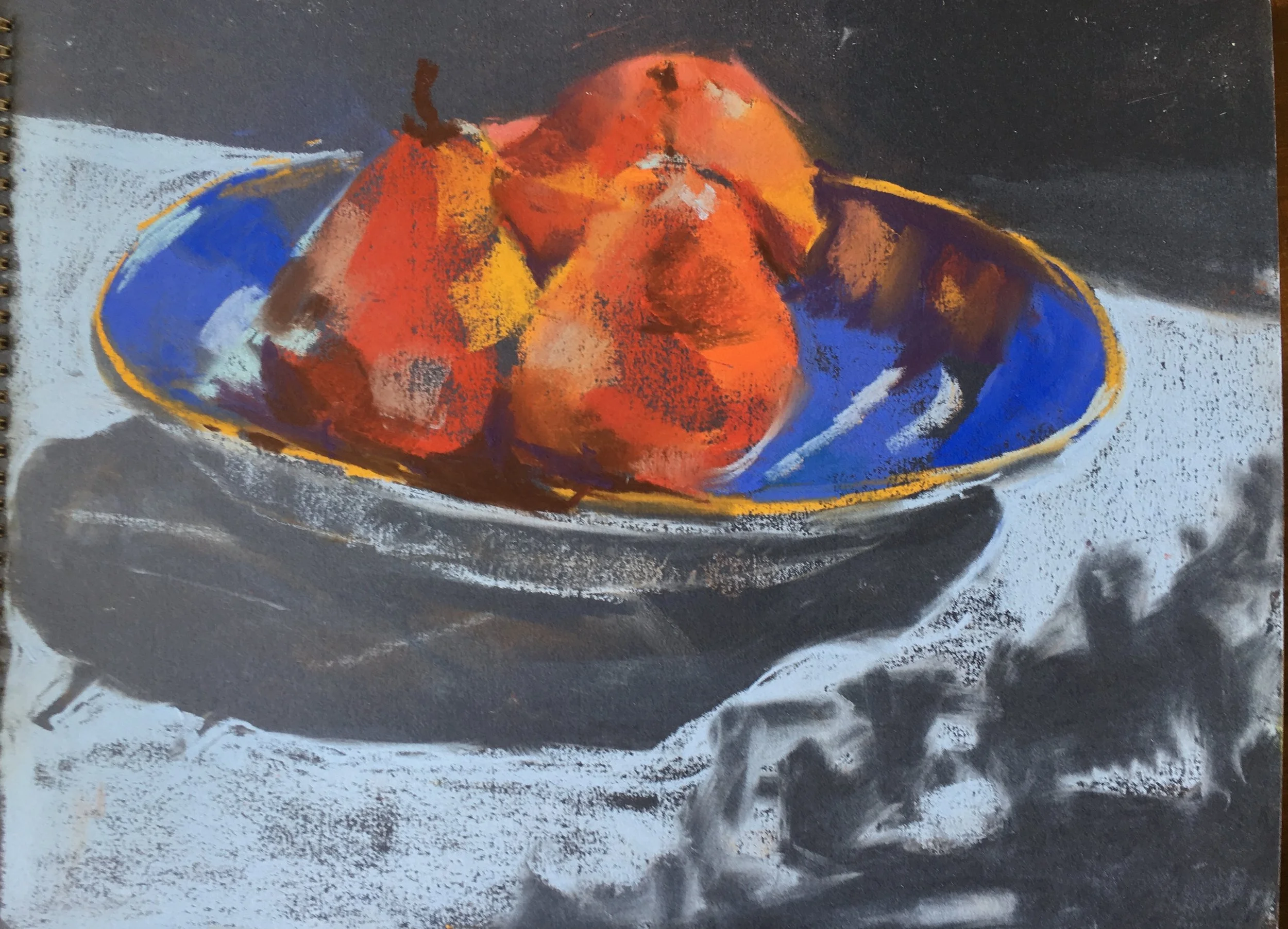 Red Pears in a Blue Dish