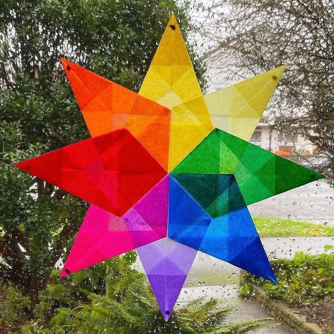 Make a rainbow window star ⭐️🌈

Bring a little colour and light indoors with these beautiful folded-paper window stars. ✨

They&rsquo;re especially lovely at this time of year, when the autumn and winter light shines through the translucent paper an