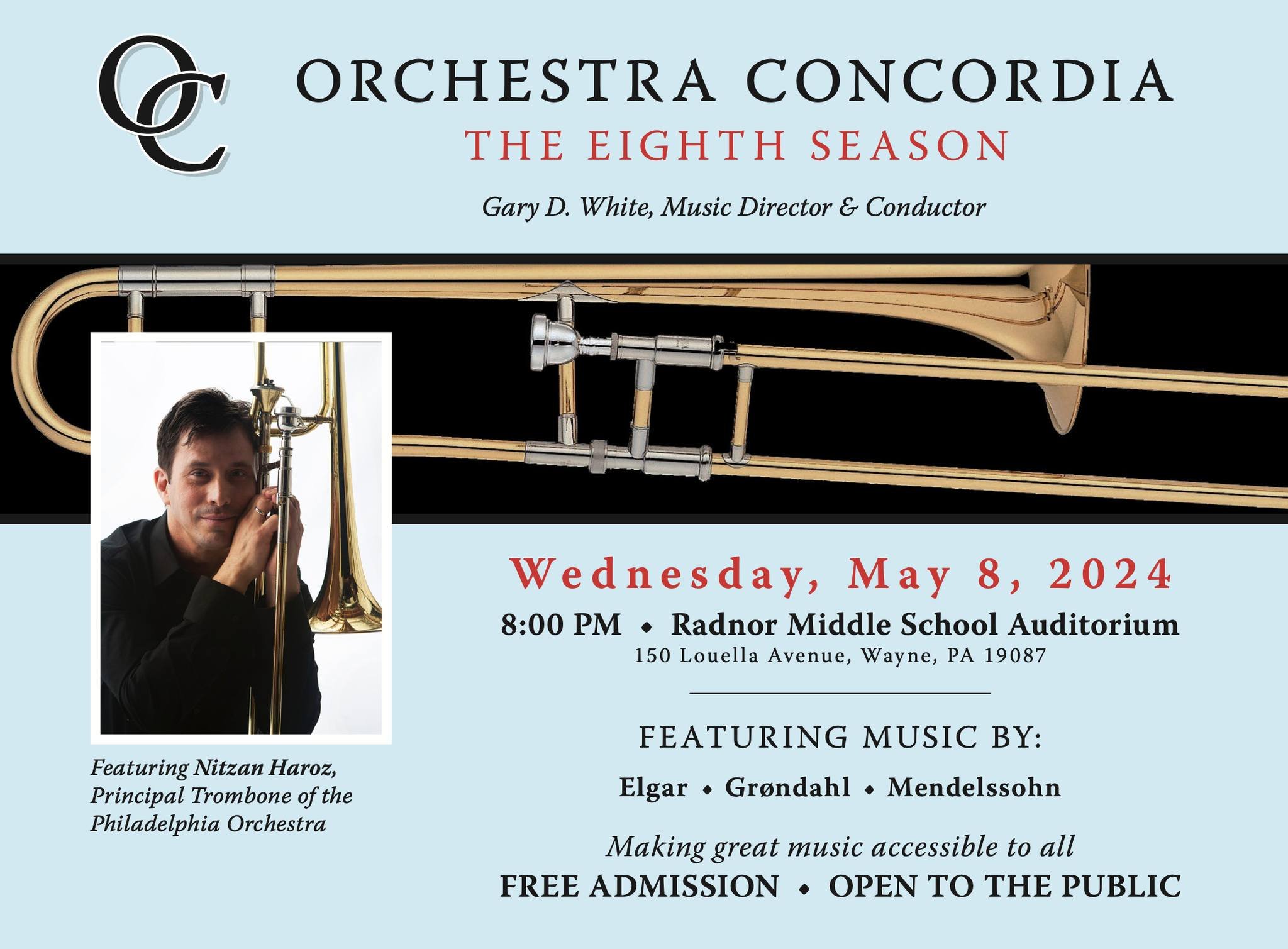 Save the date! MW instructor Meredith is part of Orchestra Concordia, who will be putting on a concert at Radnor Middle School on May 8th. The performance will feature Mendelssohn's Symphony no.5, the Grondahl trombone concerto, and Three Bavarian Da