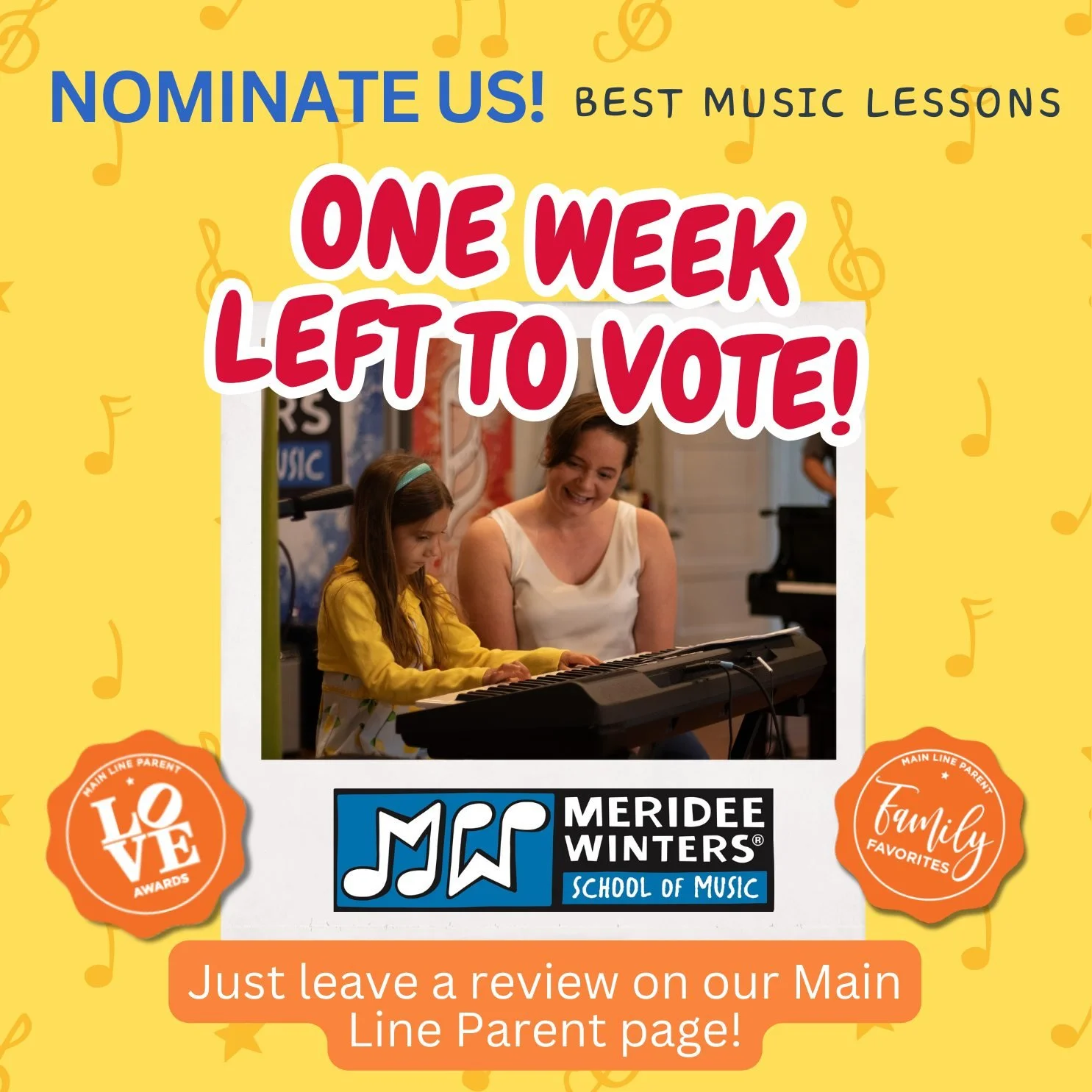 Just about one week left to help us win BEST MUSIC LESSONS! If you could take 2 minutes to leave a rewiew on our Main Line Parent page, we'd be so grateful! Post here: https://mainlineparent.com/directory/meridee-winters-school-of-music/#respond
