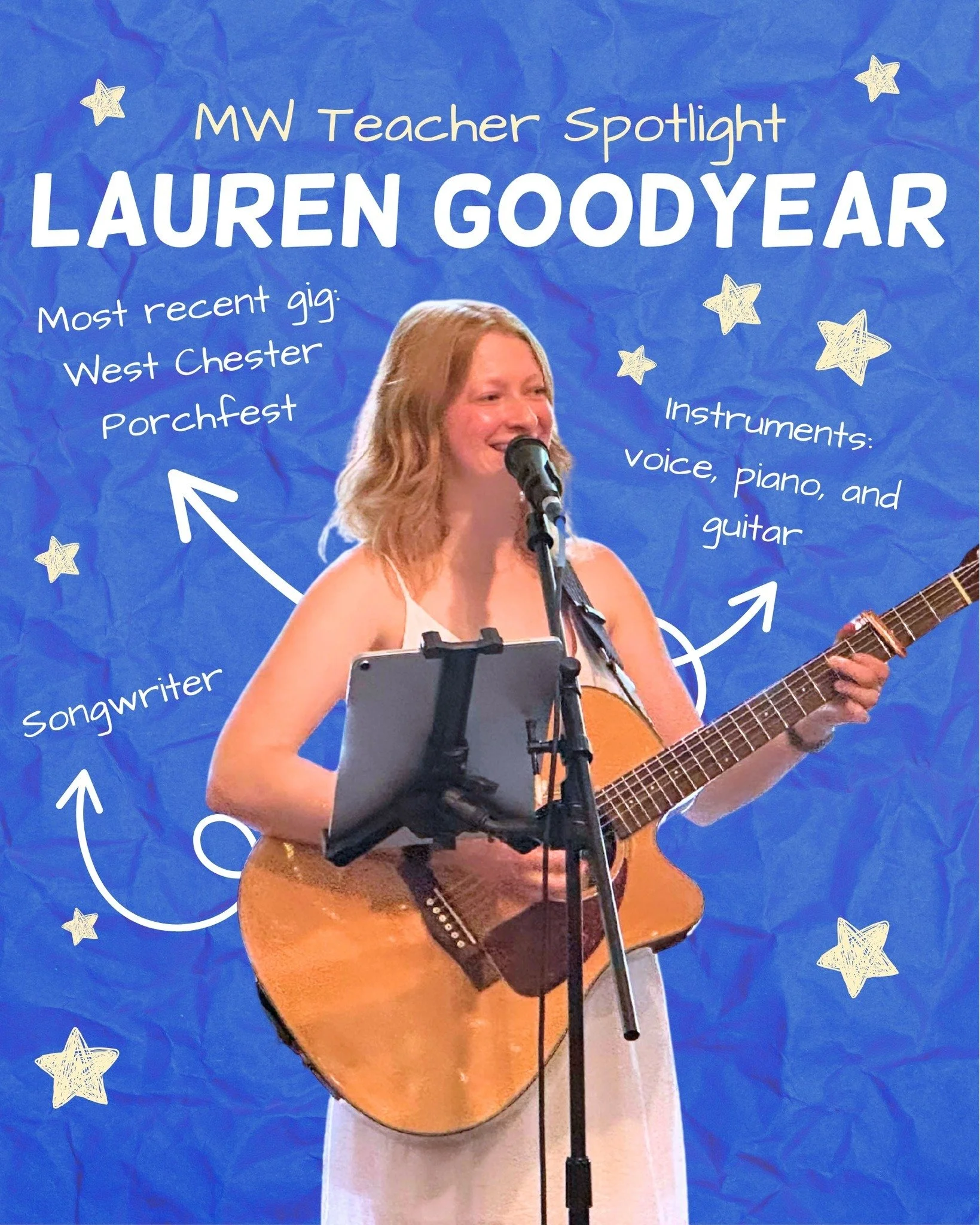We're thrilled to highlight Lauren Goodyear in our Teacher Feature ✨ Lauren has been teaching with MW since 2023, and all the while, Lauren has remained an active musician in the community. She says, "I love to play gigs because it helps me with