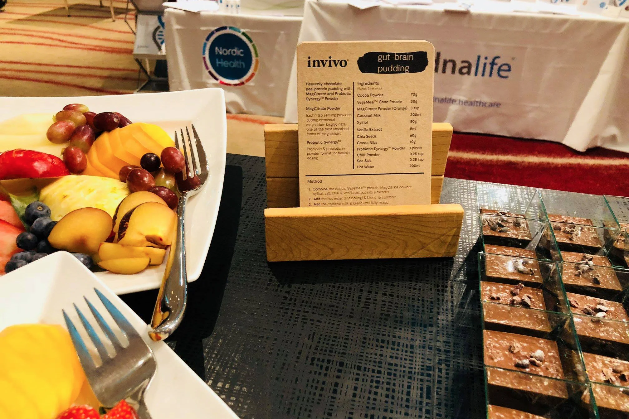 Park Plaza London Riverbank chefs prepared Invivo's 'gut-brain' puddings for delegates at the 2018 AFMCP-UK, containing chocolate pea protein, MagCitrate and Probiotic Synergy powder.