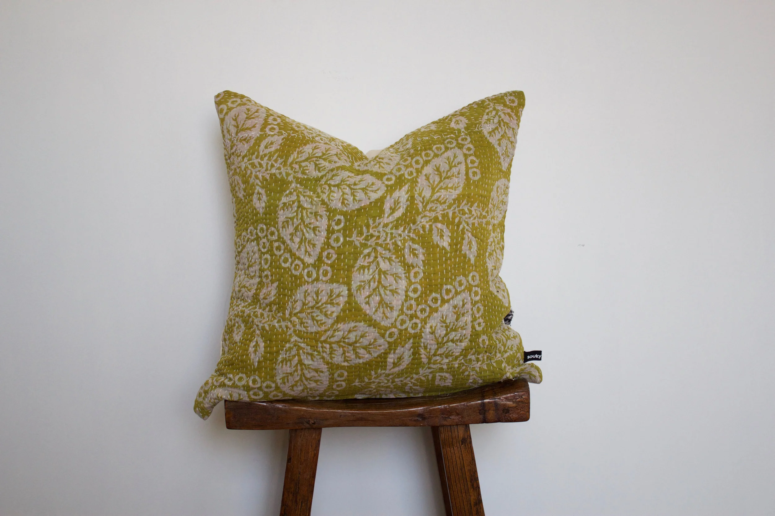 Jessica - No. 206 300 RMB Pillow cover is made from worn sari fabric sourced from India Size: Roughly 50x50 cm Pillow back is made from a neutral cotton/linen blend Zipper on bottom of pillow Down insert included Dry clean only