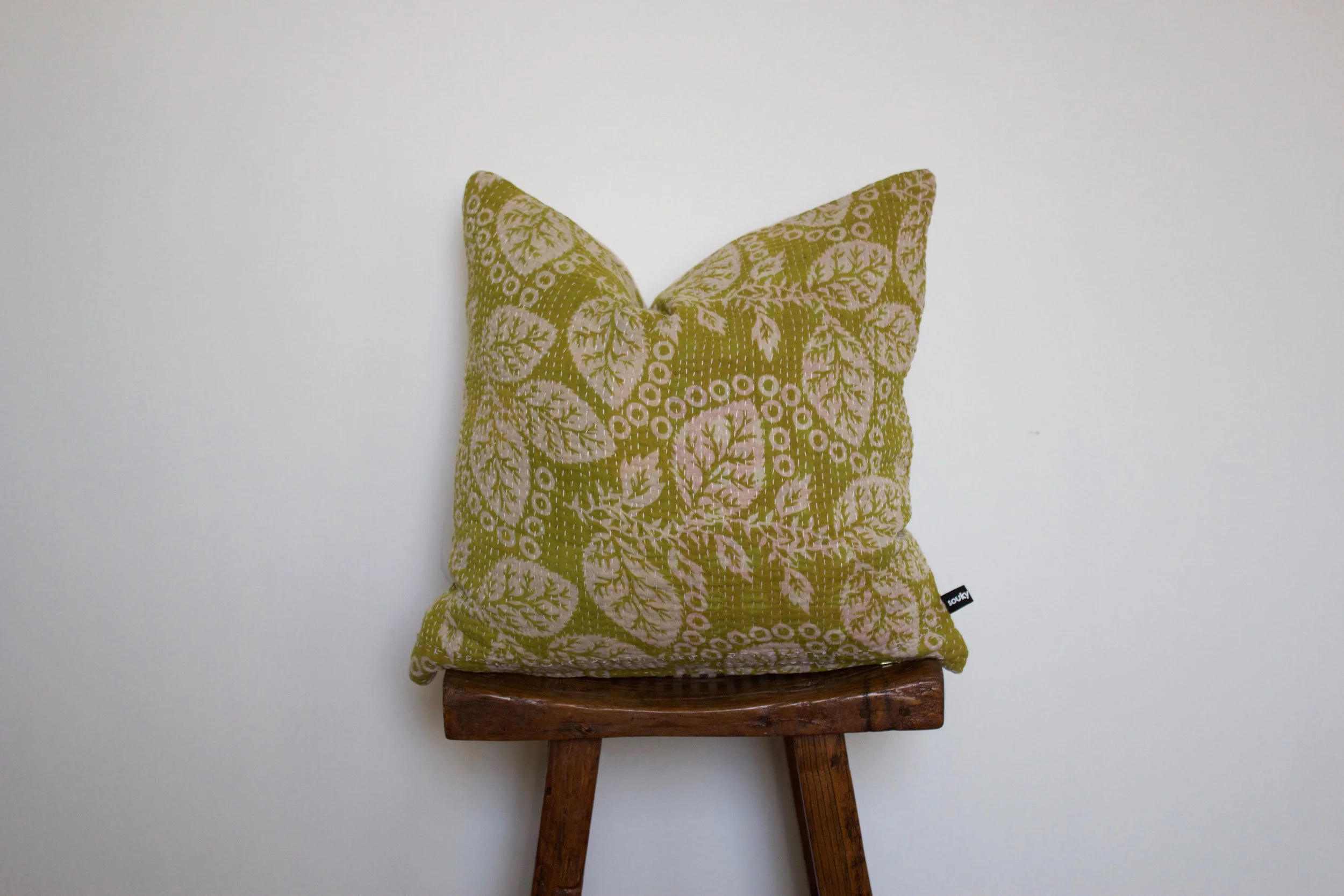 Jessica - No. 207 300 RMB Pillow cover is made from worn sari fabric sourced from India Size: Roughly 50x50 cm Pillow back is made from a neutral cotton/linen blend Zipper on bottom of pillow Down insert included Dry clean only