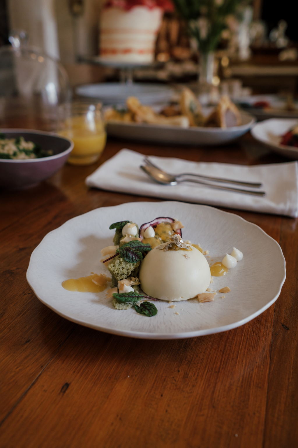 Salters Events white chocolate, pistachio and passion fruit fine dining dessert
