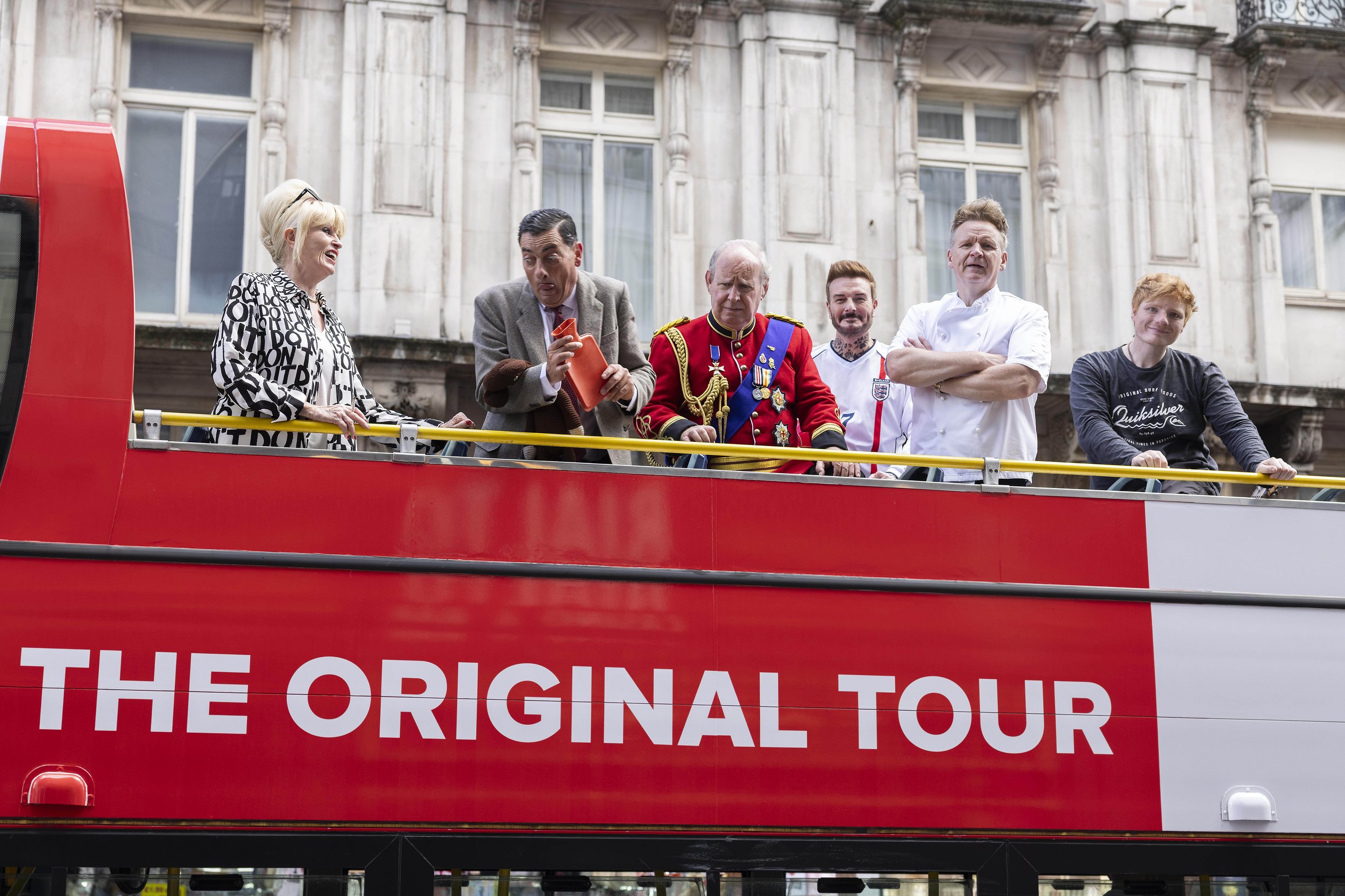 Celebrity look-alikes on The Original Tour bus for 75th anniversary PR event catered by Salters Events