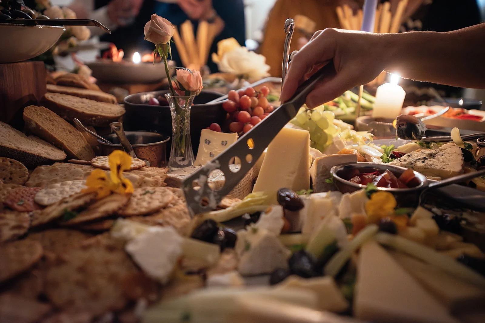 Salters Events Grazing Table featuring Rennet & Rind cheese, homemade crackers, fruits, chutney, pickles, olives, antipasti, charcuterie, membrillo