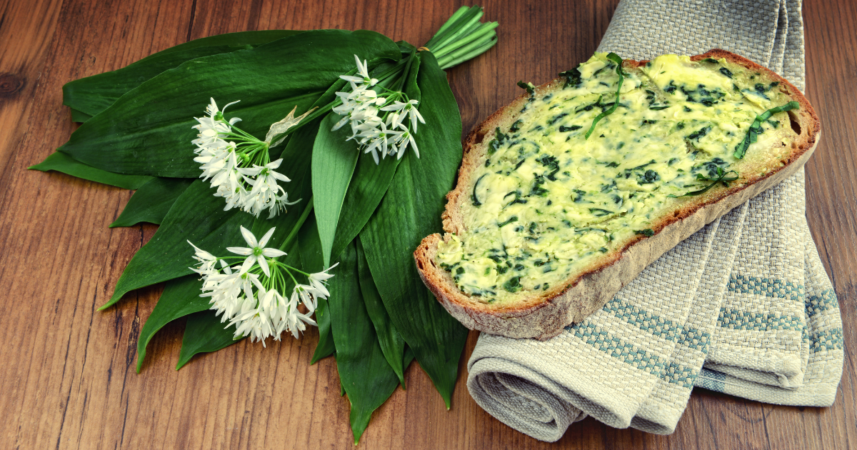 Sourdough toast smothered in wild garlic butter, sitting on a cloth, next to a bunch of flowering wild garlic on a wooden board