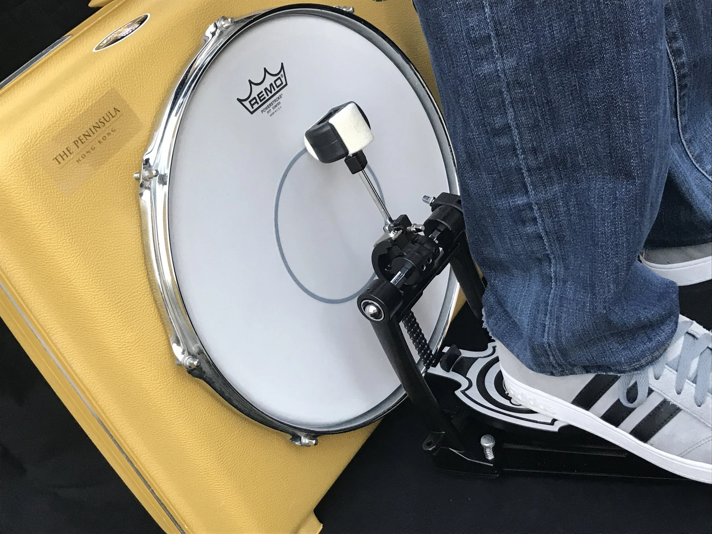 Play the drums with your heel while jamming on your guitar or bass.