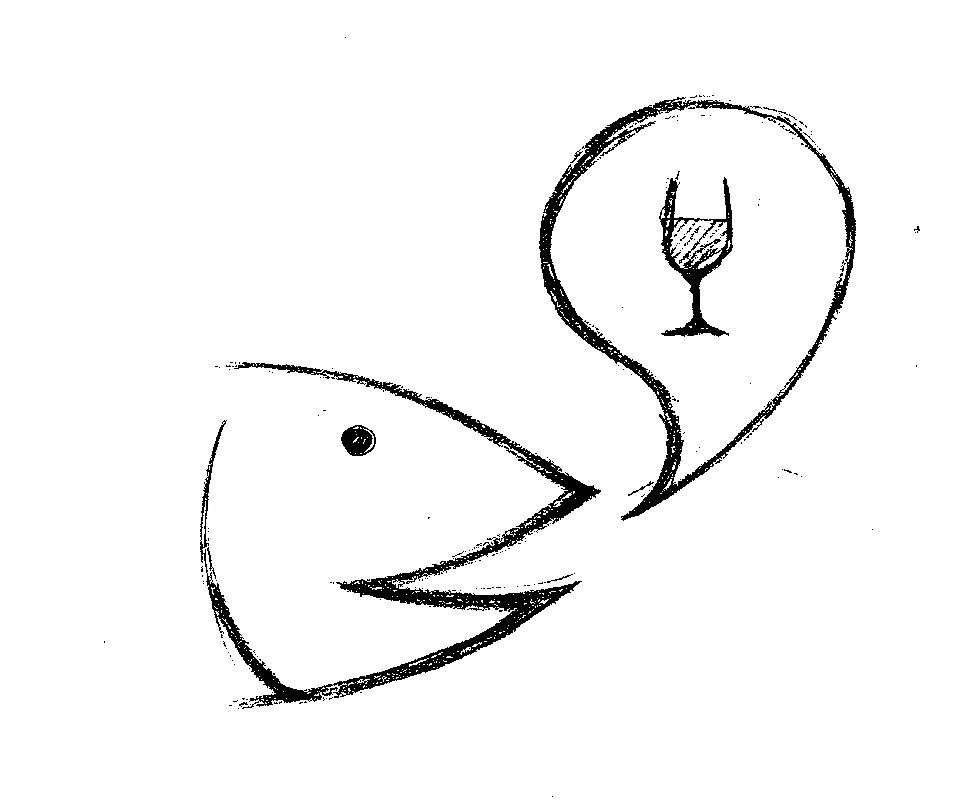 Der Illustrator Reinhard Blumenschein entwickelt erste Skizzen für die neue Markenentwicklung. Es gilt, Fisch und Wein unter einen Hut bzw. in ein Glas zu bekommen.