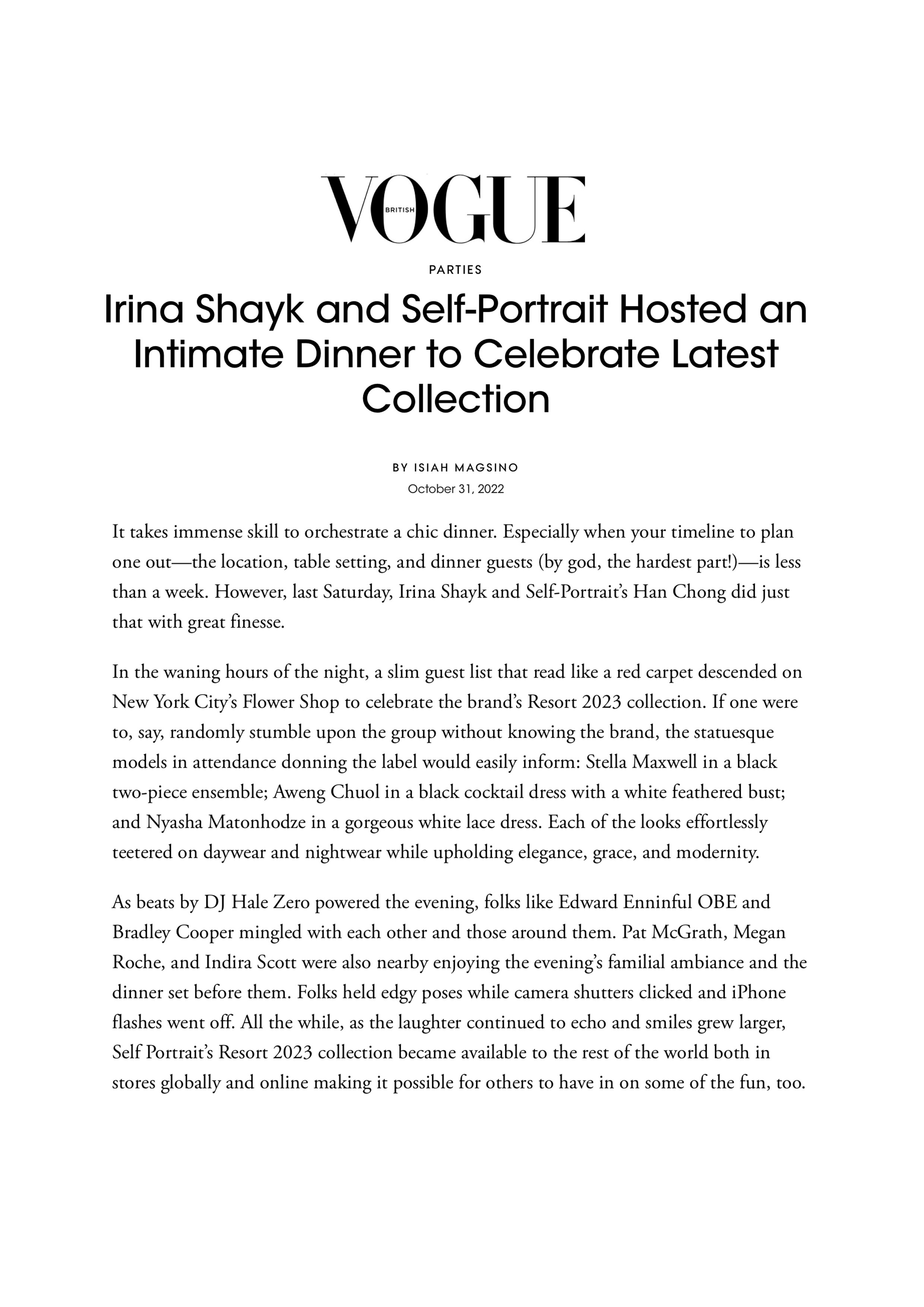 BRITISH VOGUE : SELF PORTRAIT X VOGUE X IRINA SHAYK PARTY 2022