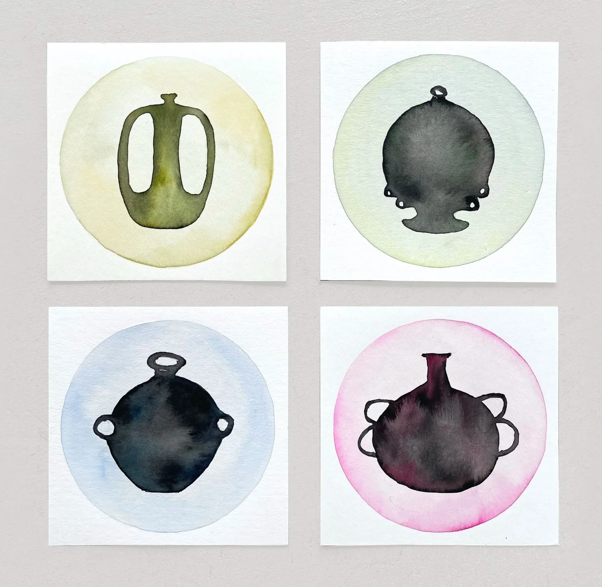 Genie, Chloroplast., Stratosphere, Rosewater 
Watercolor on paper 
6"x6" each