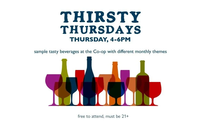 Image of Thirsty Thursday text and time; with several icons of bottles