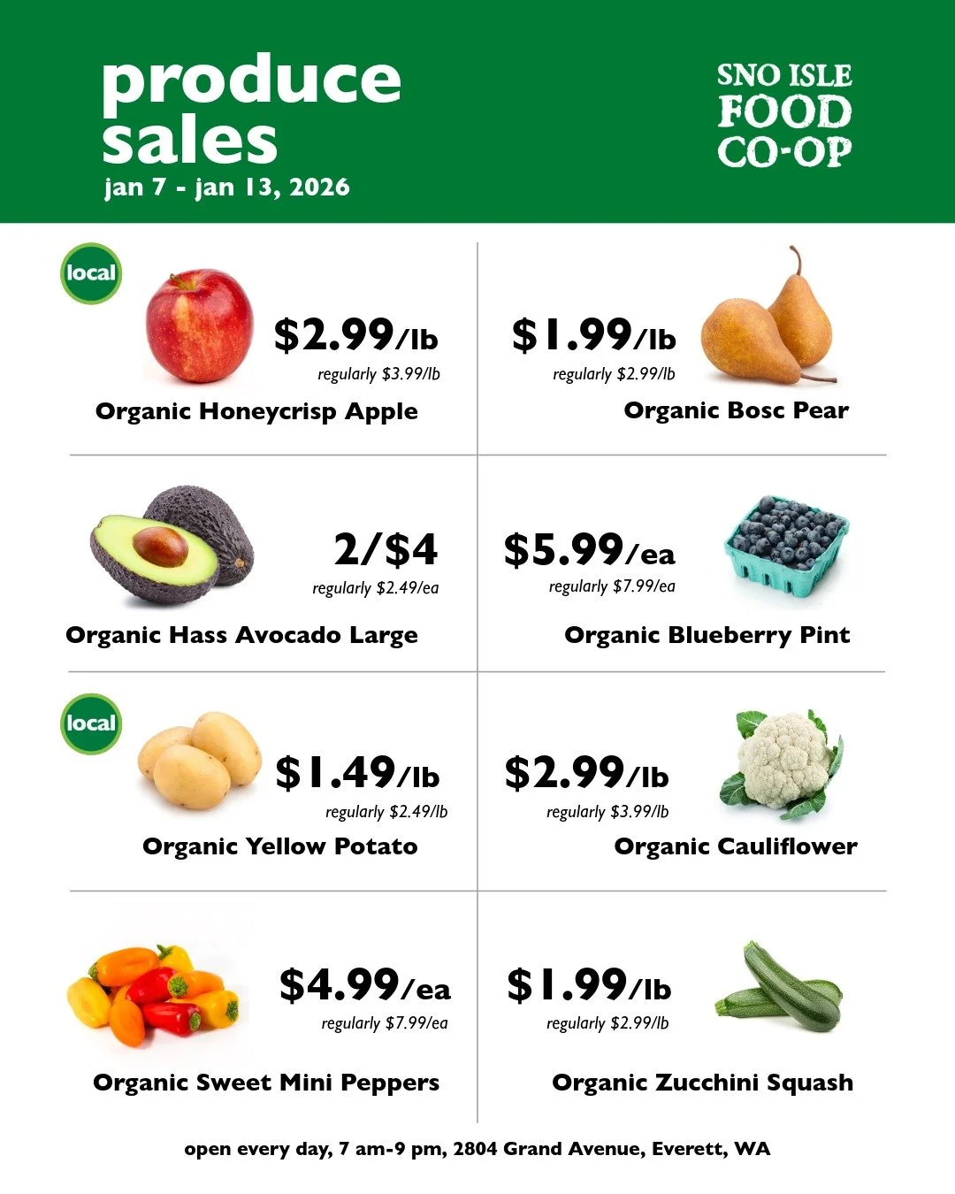 Poster of weekly produce sales, featuring Honeycrisp Apple, Bosc Pear, Hass Avocado Large, Blueberry, Yellow Potato, Cauliflower, Sweet Mini Peppers, and Zucchini Squash.