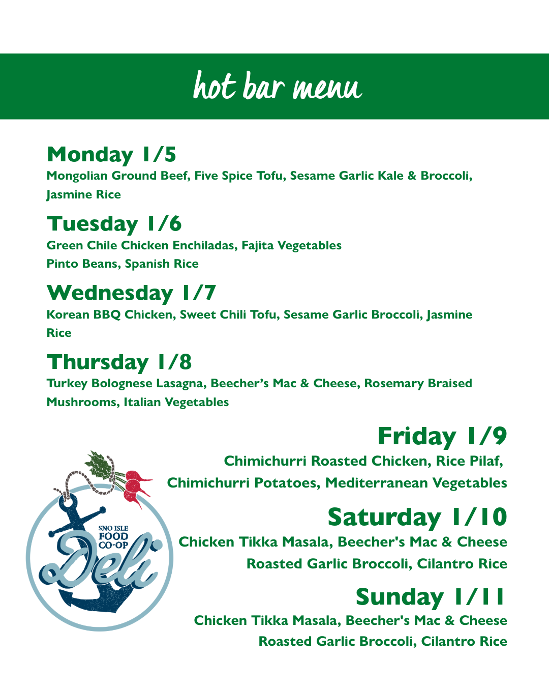 hot bar menu sno isle food co-op everett