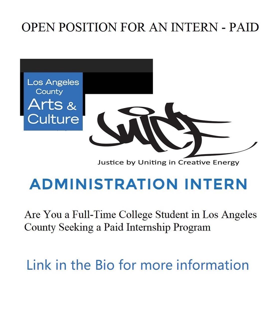 We have an open position for a paid internship from Sept 2023-Feb 2024. See link in Bio. This part time position is specifically for a full-time undergraduate college student attending an LA County college or has permanent residence in LA County.  Hy