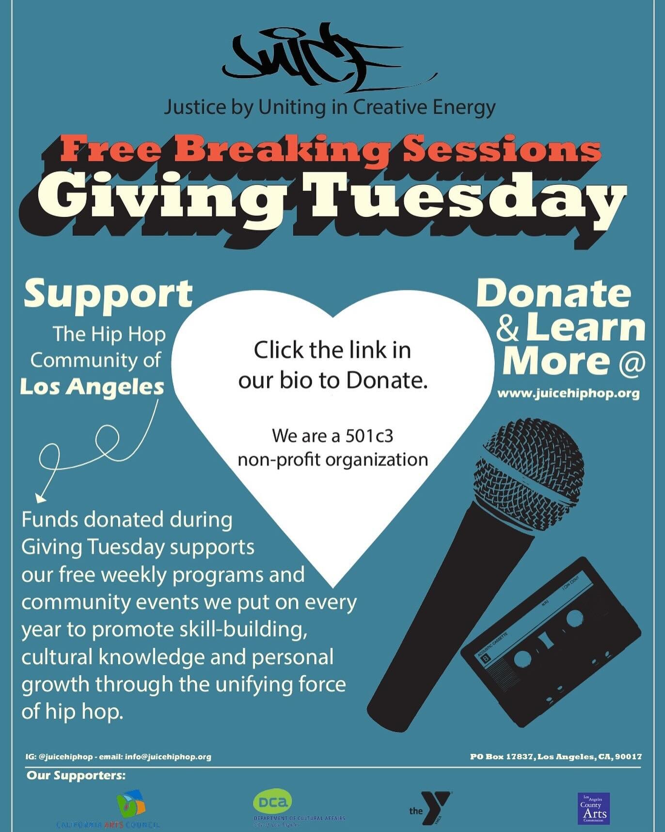 Our weekly free programs rely the support from generous individuals that donate to our organization. In this giving season, if you feel called to contribute any amount, we would be grateful. Your donations help support our weekly free breaking progra