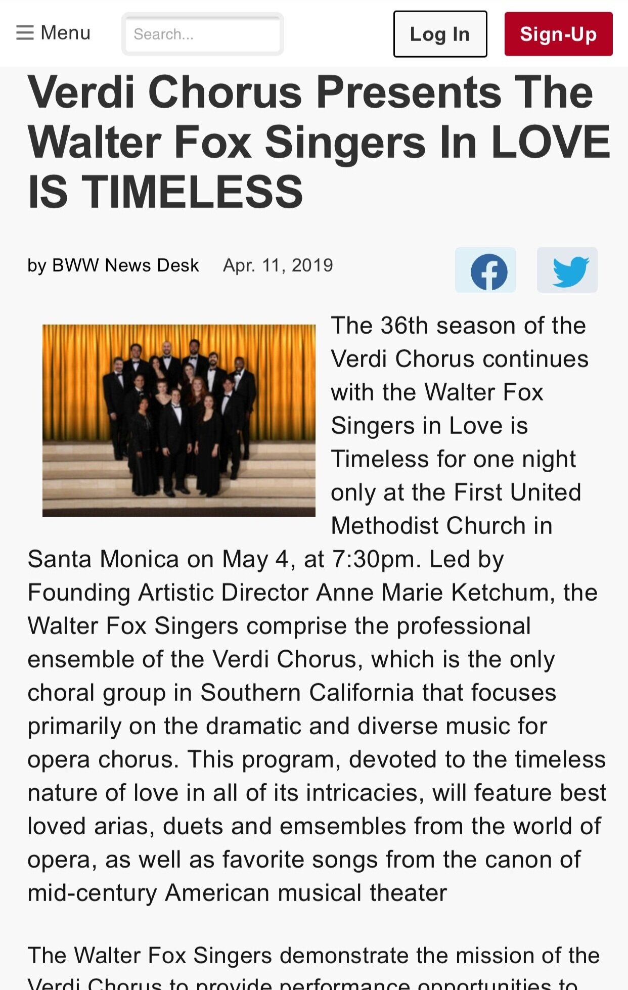 The 36th season of the Verdi Chorus continues with the Walter Fox Singers in Love is Timeless for one night only at the First United Methodist Church in Santa Monica on May 4, at 7:30pm. Led by Founding Artistic Director Anne Marie Ketchum, the Walt