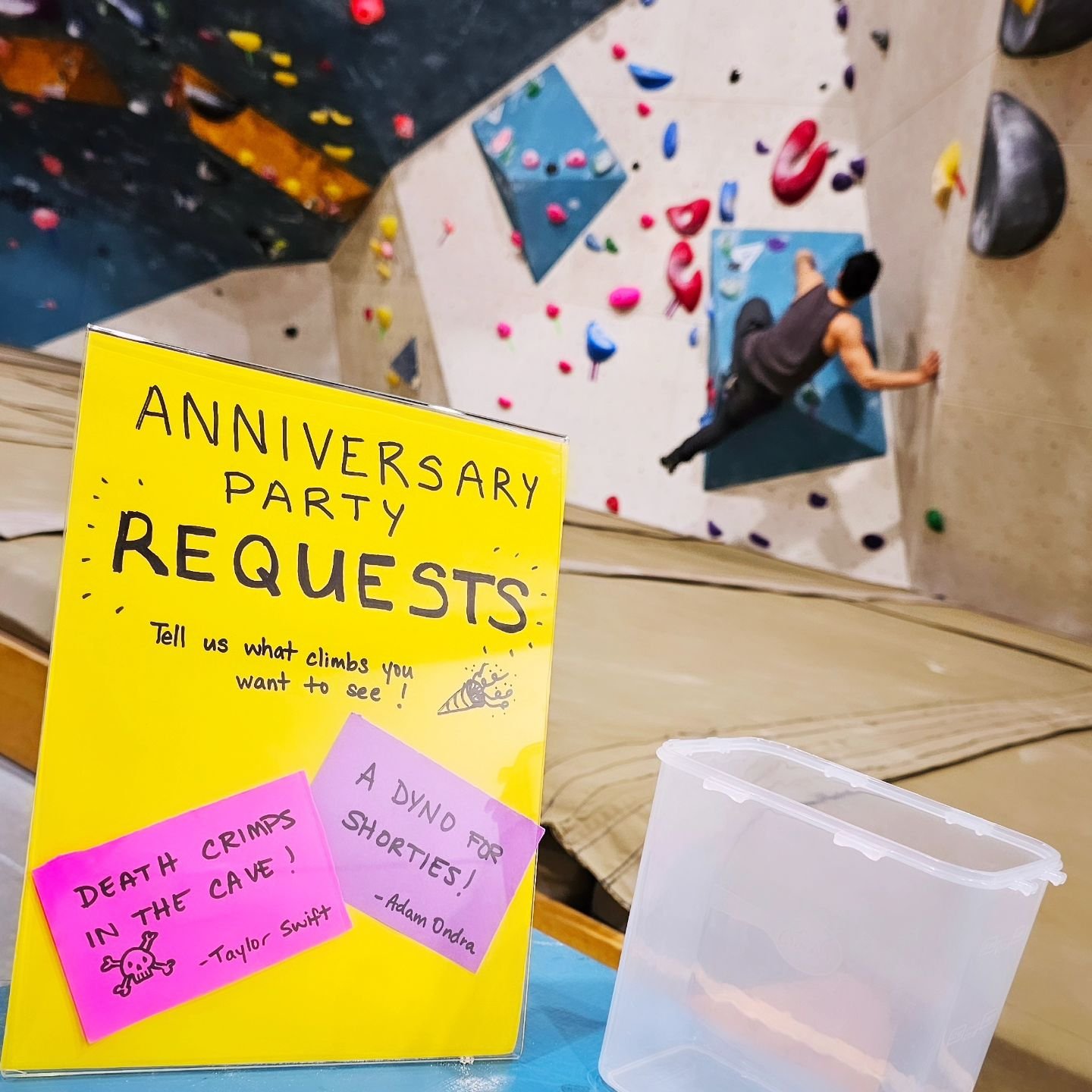 Tell us what type of climbs you wanna see at our Anniversary Party! 🎉
Your idea might make it up on the wall! 🤗

TOPROCK TURNS 7 - Saturday, April 27 

SCHEDULE 
Scramble Qualifers  12-5 PM
BBQ  3-8 PM
Prizes  6:30 PM
Speed Boulder Finals  7 - 7:30