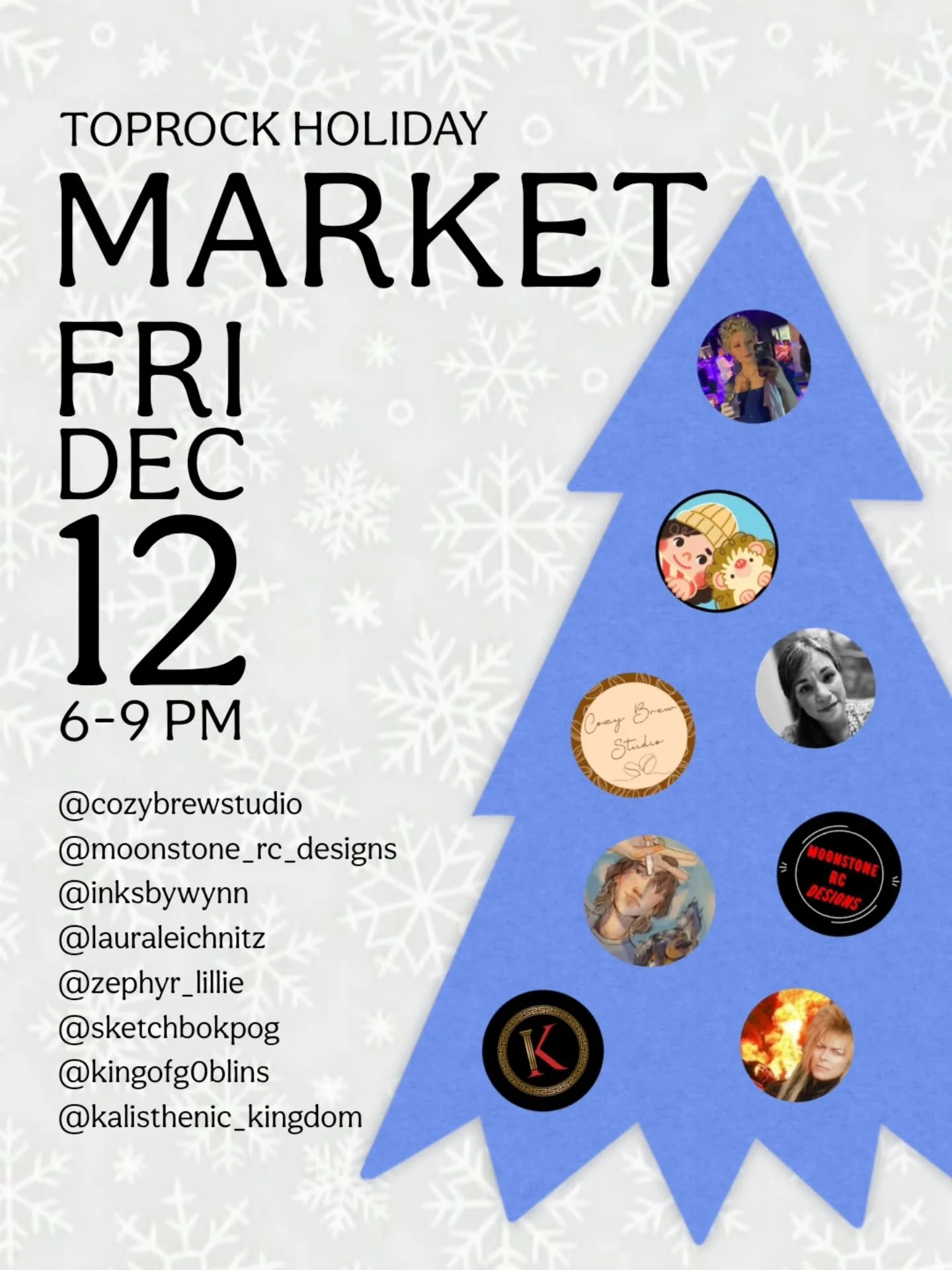 Join us on Friday, Dec 12 from 6-9 PM for our Toprock Holiday Market!

Support local and find the perfect gifts as we get in the holiday spirit together at Toprock!

See you there ☃️