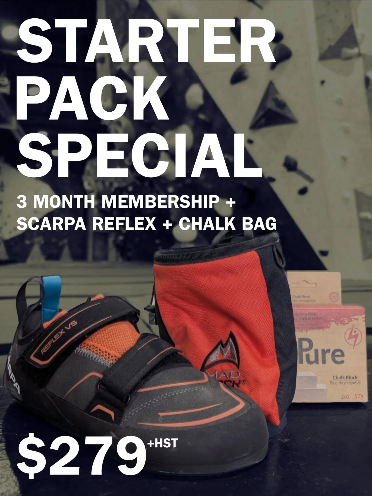 3 Month Membership
+ @scarpana Reflexes
+ @madrockclimbing chalk bag
+ @flashedclimbing chalk

For only $279, our Starter Pack Special gets you a membership and brand new gear.  This bundles saves you almost $100!

Buy at the front desk or online (me