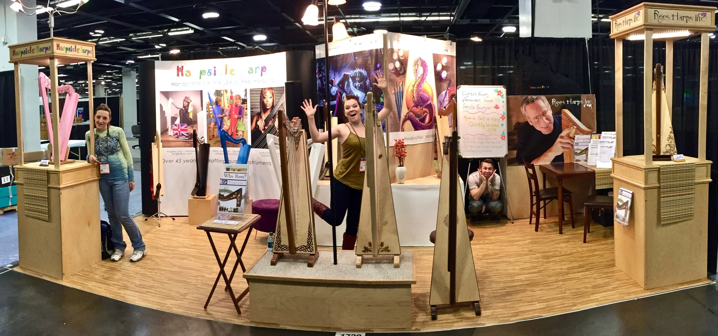 We drag our harps all over creation for harp conferences or, as above, to industry shows like NAMM. All of that transport and handling by prospective customers means we take extra care with the harp finishes.