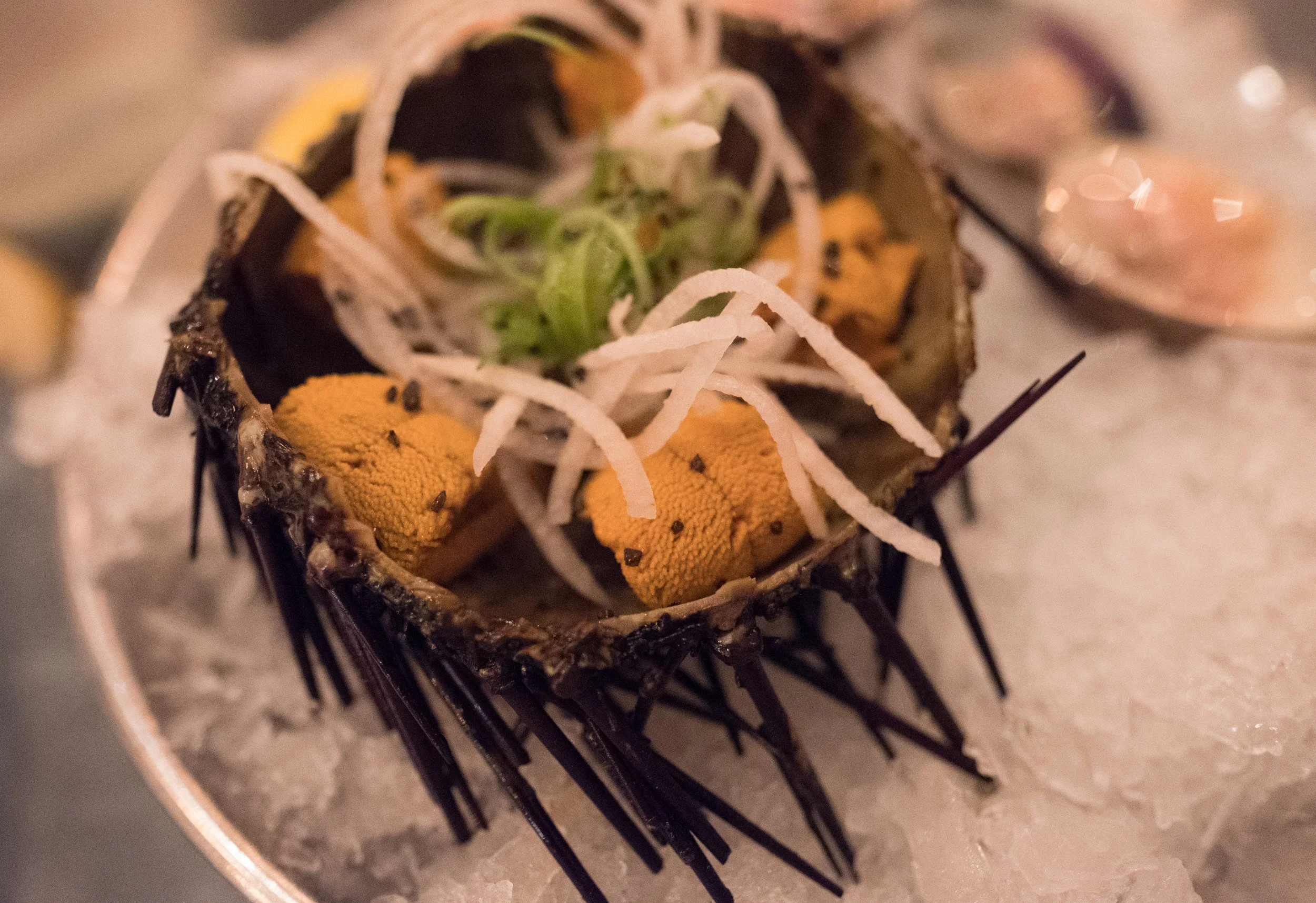 Having some Uni in a half shell at the Cull & Pistol Oyster Bar .