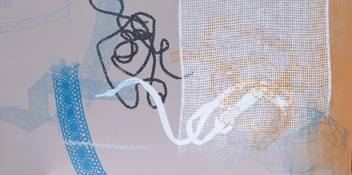 floating forms ribbons and mesh printed over a neutral taupe background on a 24 x 12 inch wood panel