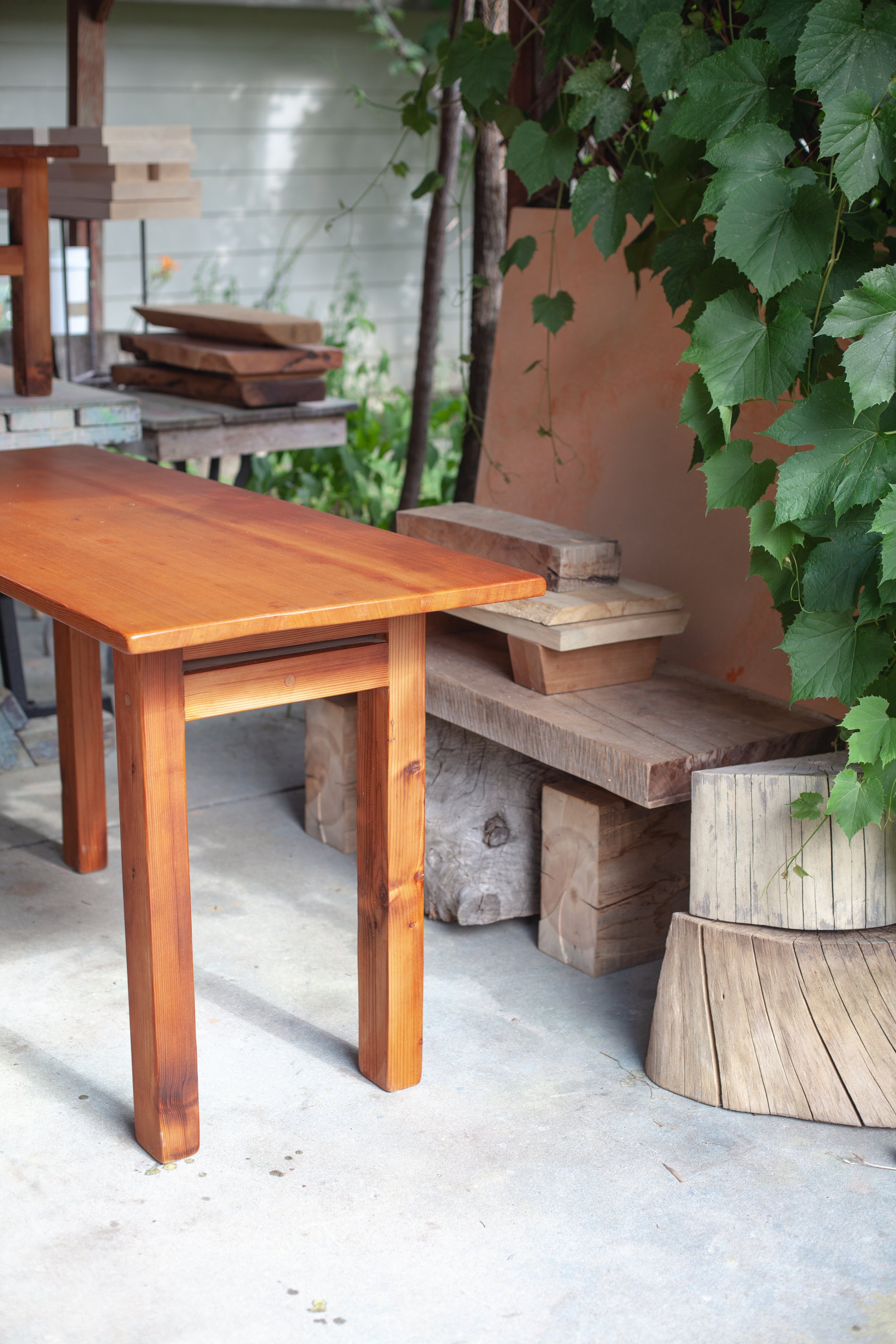  Heritage Doug Fir kitchen table in the outdoor studio. Burl, redwood bench, and altars in background. 