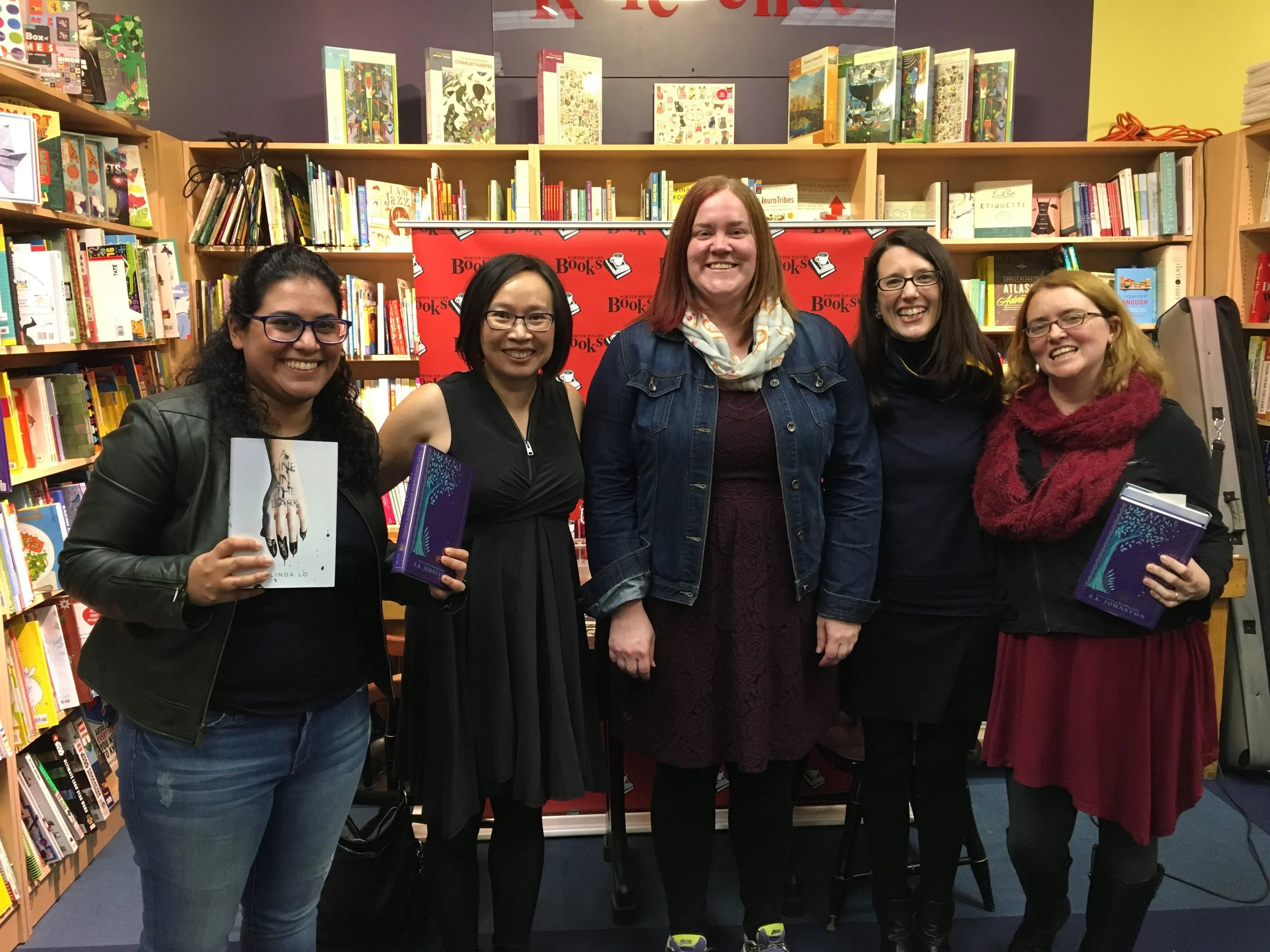 author friends joining me at my book launch at porter square books in cambridge, ma, on oct. 17! Left to right: sara farizan, me, e.k. johnston (who co-evented with me), kristin cashore, and tui sutherland