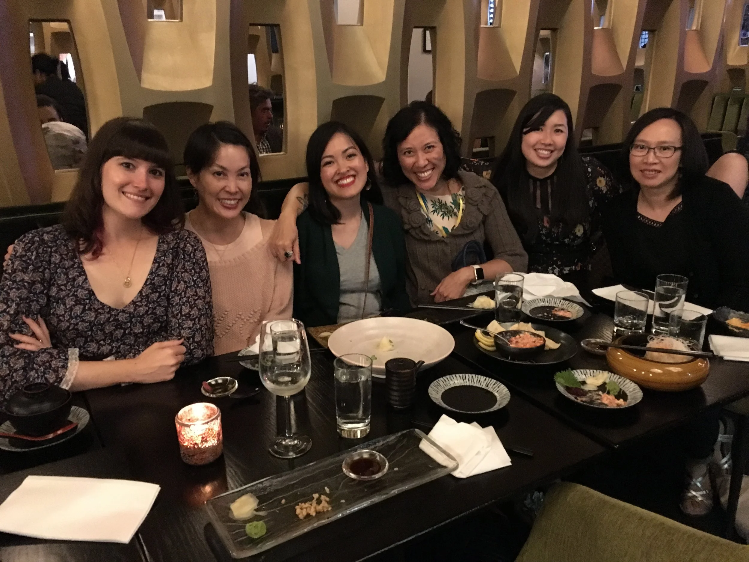 from a meeting of the ya asian mafia on sept. 23, 2017. Left to right: tara sim, stacey lee, julie dao, cindy pon, traci chee, and me.