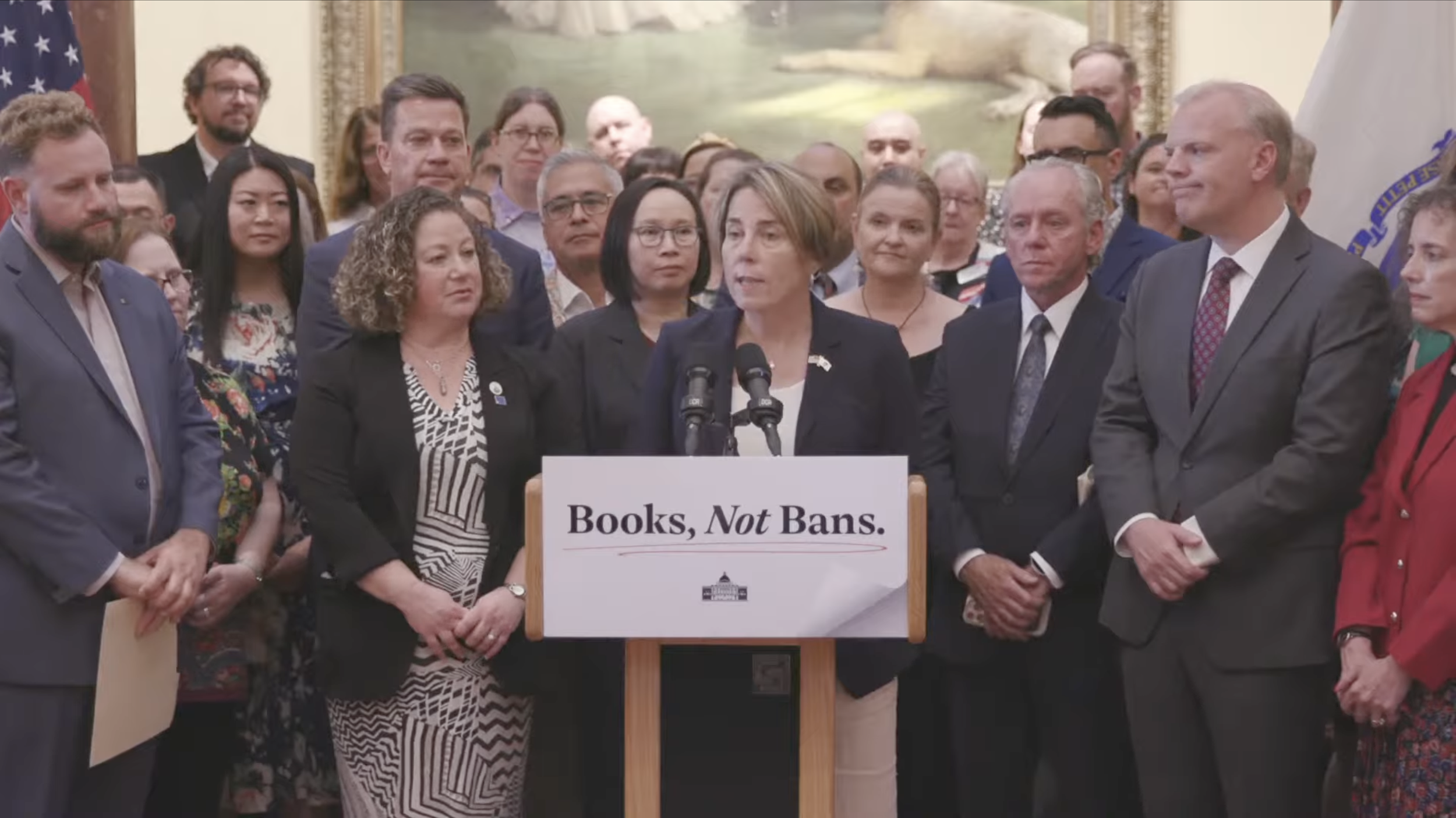 Governor Maura Healey speaks at the Franklin Public Library on Aug. 10, 2026