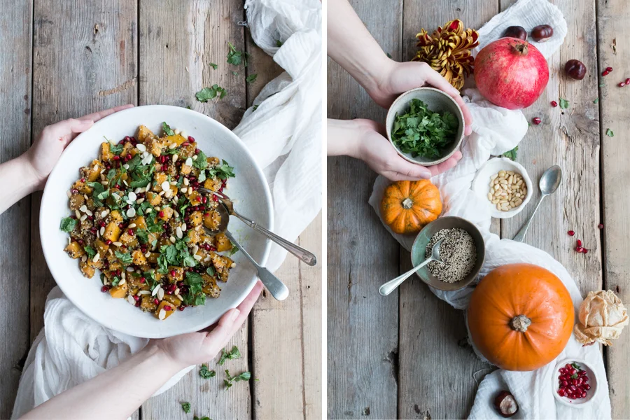 WARM MARINATED CURRY PUMPKIN, QUINOA AND POMEGRANATE SALAD (V+, GF, ChF, NF) WITH LAUREN CARIS COOKS