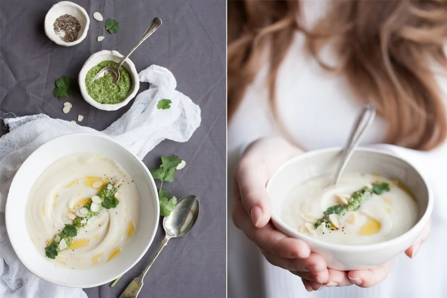 CREAMY WINTER CAULIFLOWER, PARSNIP AND GARLIC SOUP (V+, GF, GrF, ChF, NF, P)