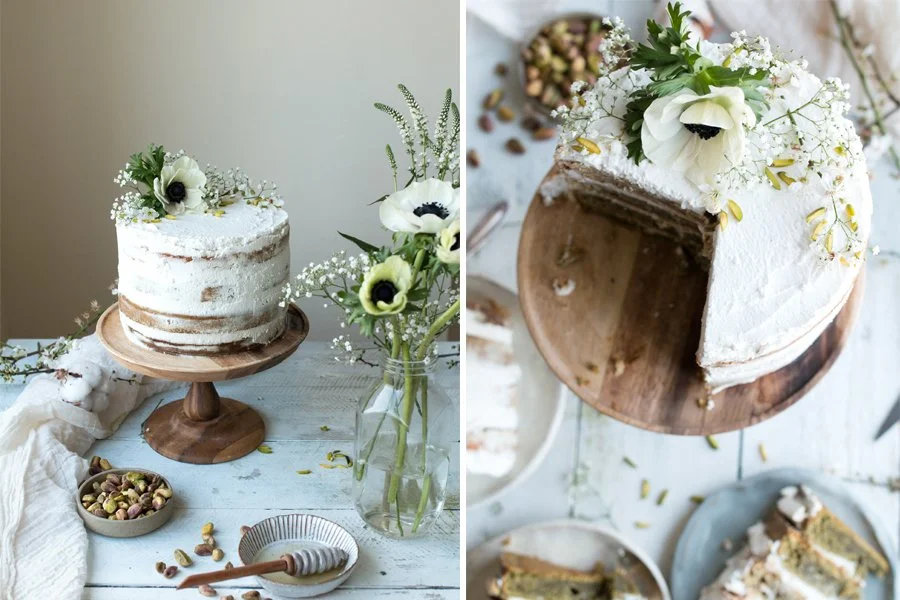 VEGAN MATCHA PISTACHIO TRES LECHES CAKE WITH TWIGG STUDIOS AND SALVIA+LIMONE (V+, V, ChF, GF, R)