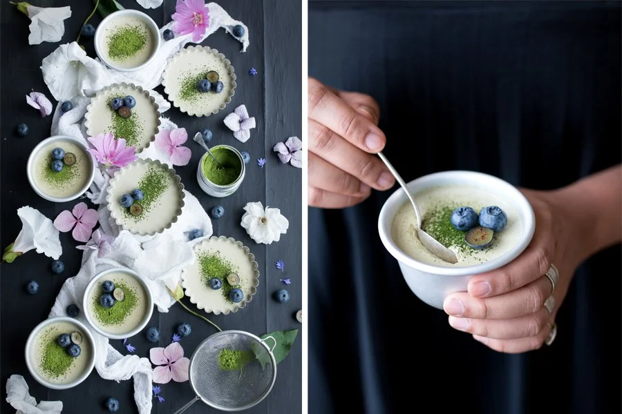 VEGAN MATCHA AND COCONUT PANNA COTTA WITH ORGANIC PREMIUM GREEN LEAF MATCHA (V+, ChF, GF, GrF, NF, P)