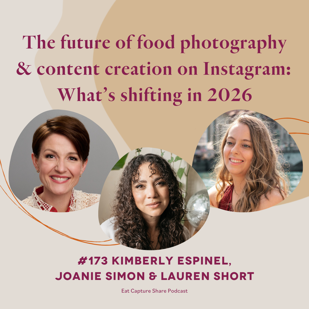 Eat Capture Share podcast cover art including profile images of host Kimberly Espinel and guests Joanie Simon and Lauren Short
