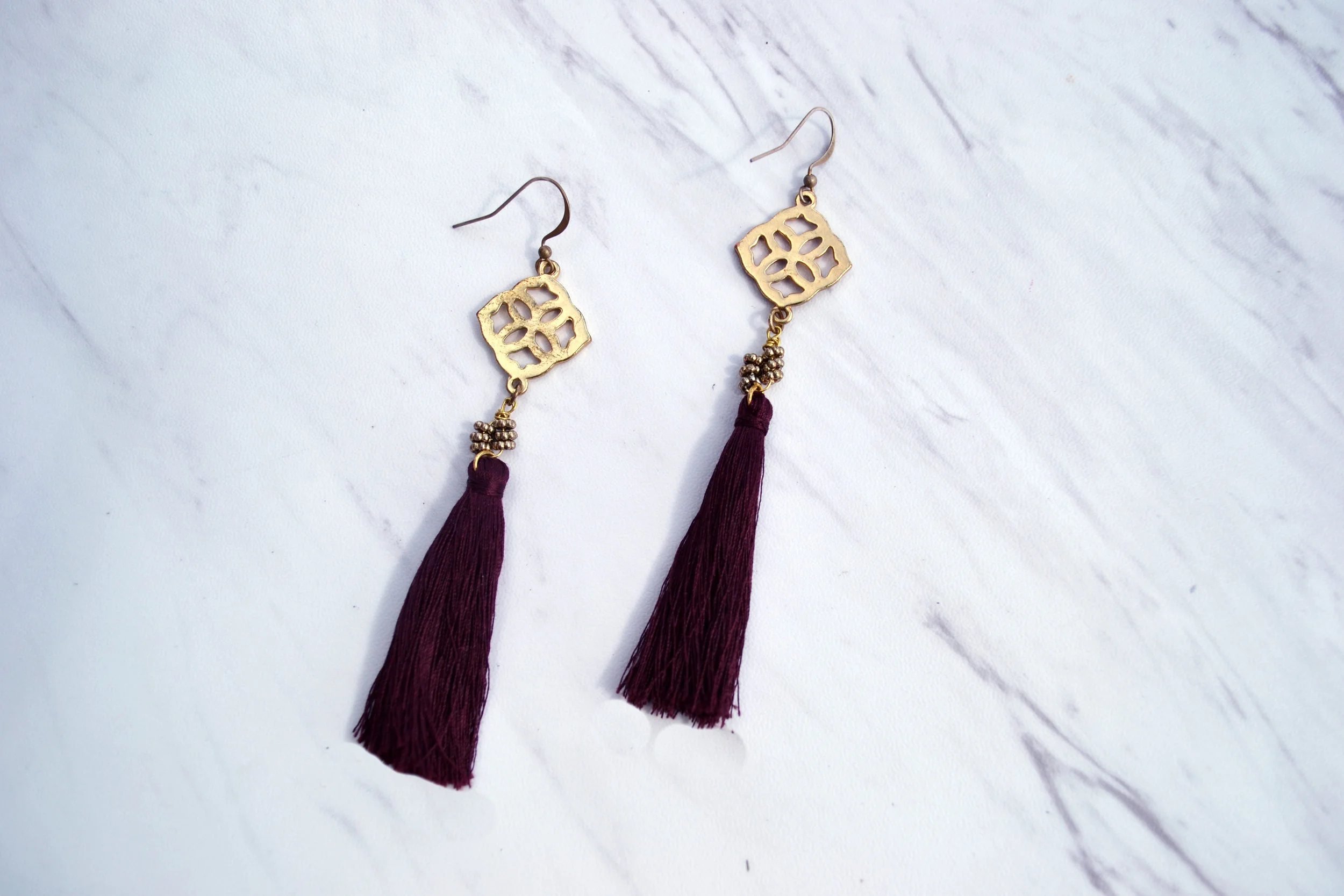 E N Z O $35 Handmade. Color: Burgundy 21mm 18k gold plated short fish hook. Nickel-free. Please contact me for other color combinations
