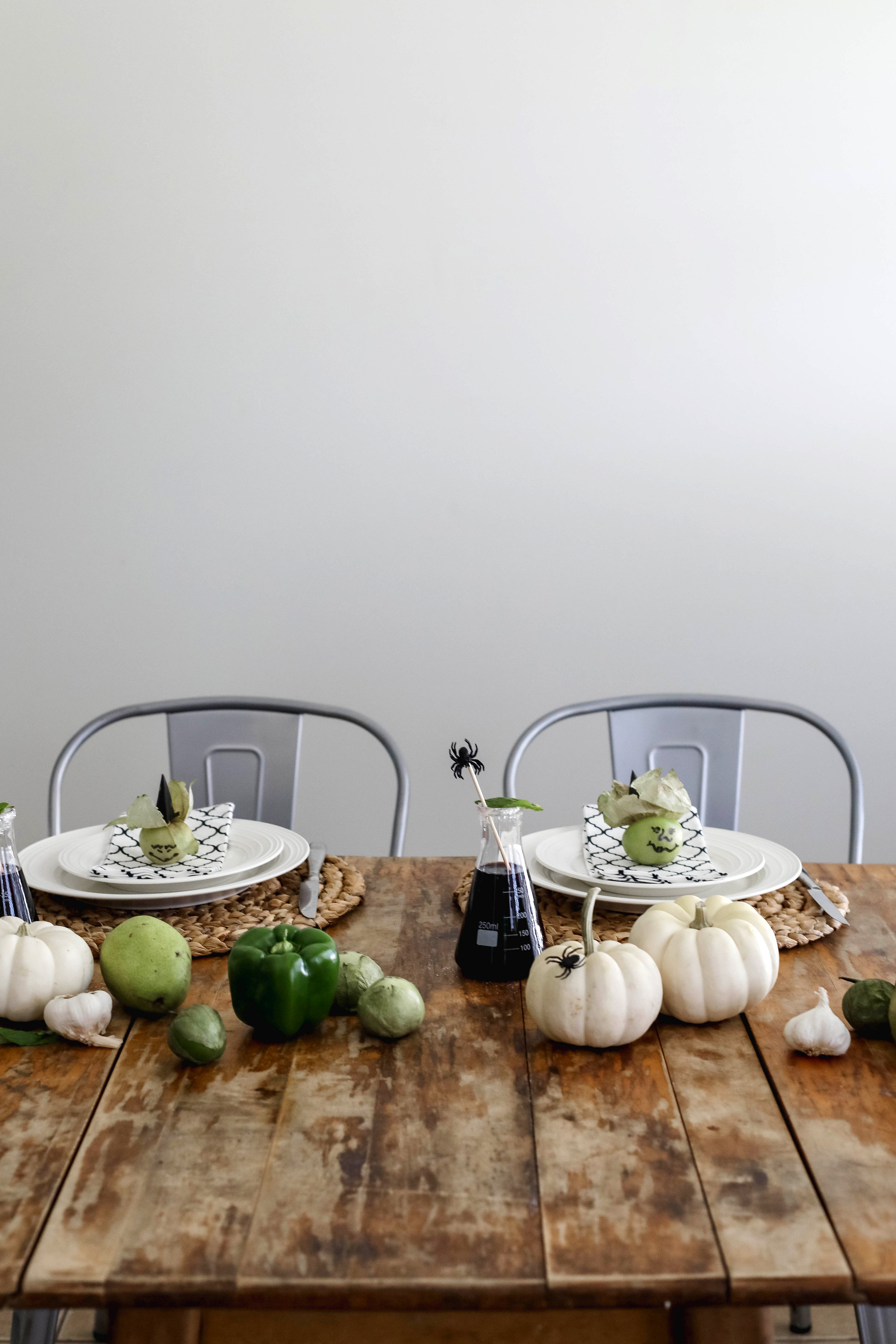 Halloween tablescape with tomatillos