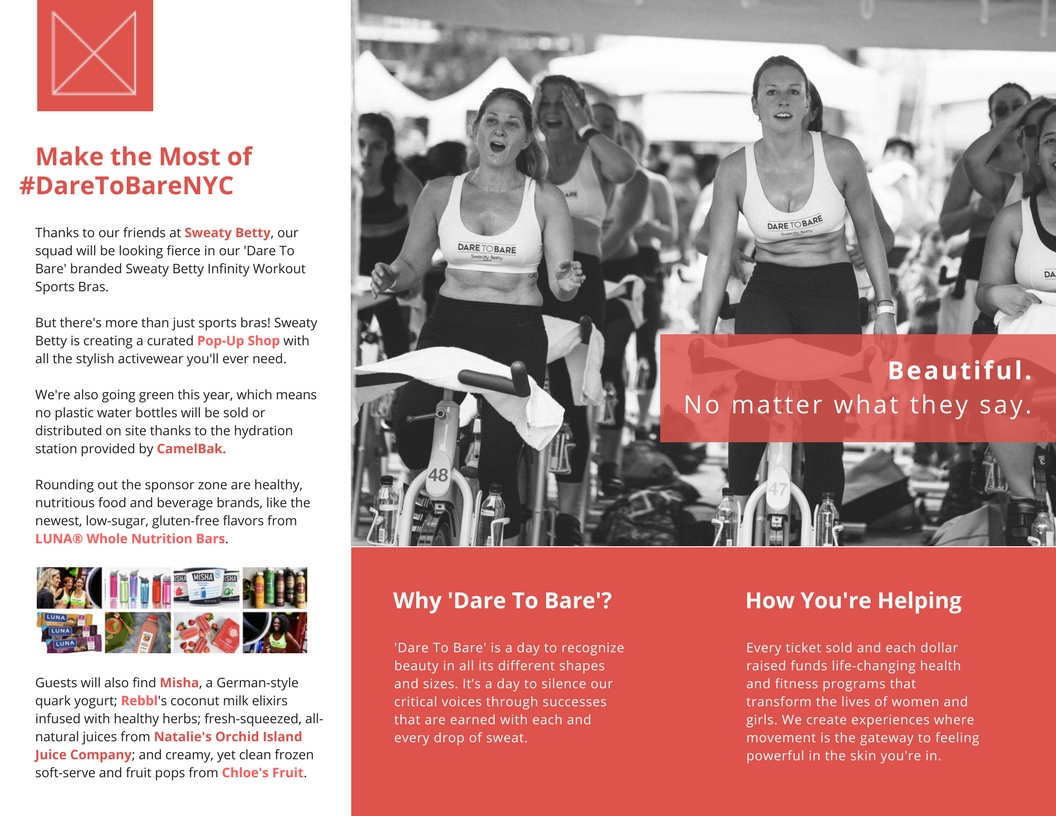 EVENT BROCHURE, MOVEMEANT FOUNDATION CREATED FOR 'DARE TO BARE,' THIS TRIFOLD BROCHURE WAS DESIGNED TO BUILD ANTICIPATION FOR EVENT ATTENDEES.