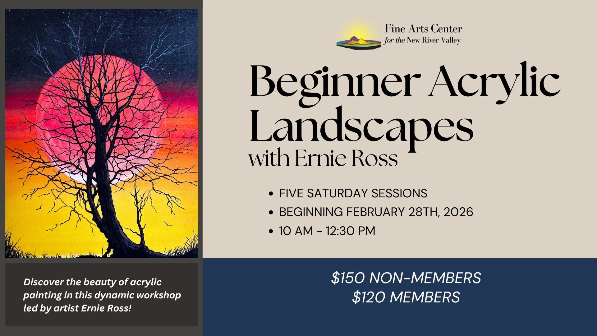 Poster for Ernie Ross's class with one of his acrylic paintings