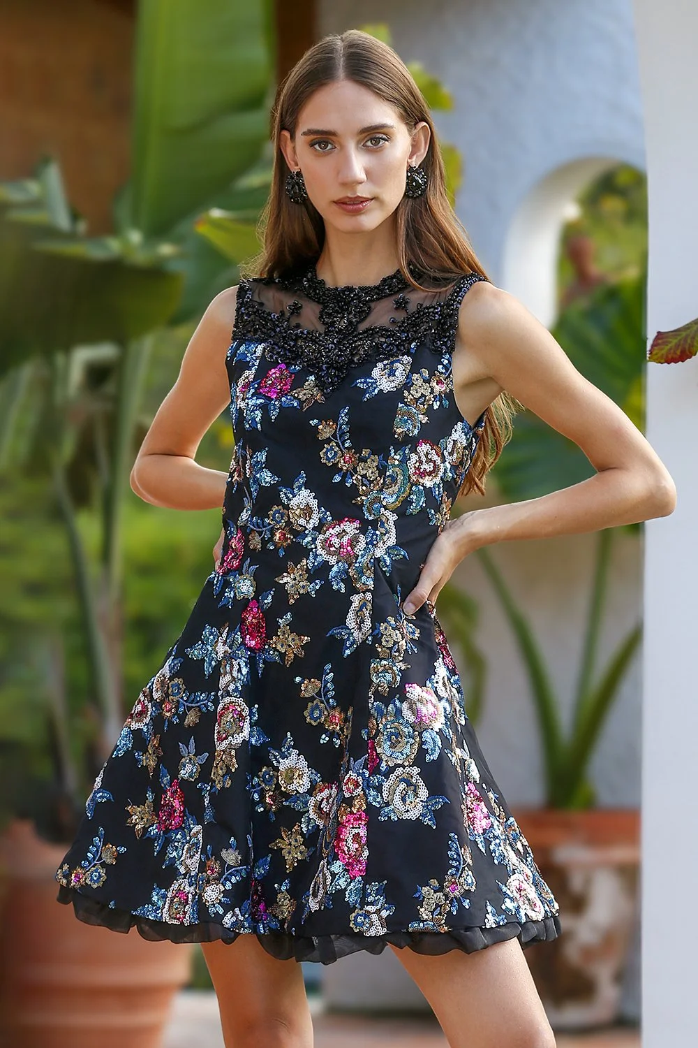 Tosca Sequin Mini Dress with Beaded Collar  Evaro Italia