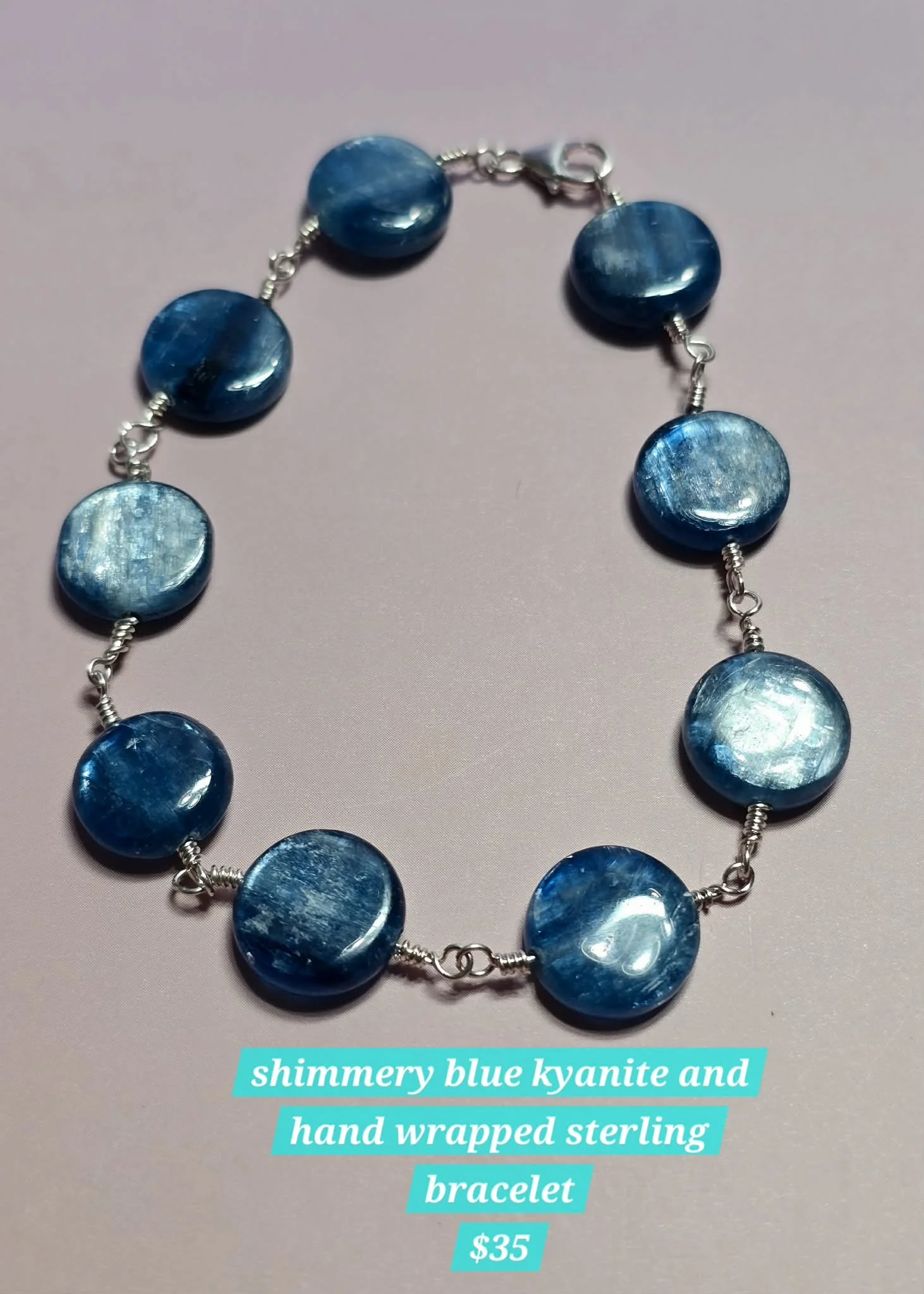 Shimmery Blue Kyanite and Hand Wrapped Sterling Bracelet