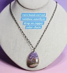 Rare Hand-Carved Rainbow Amethyst Drop on Copper Color Chain