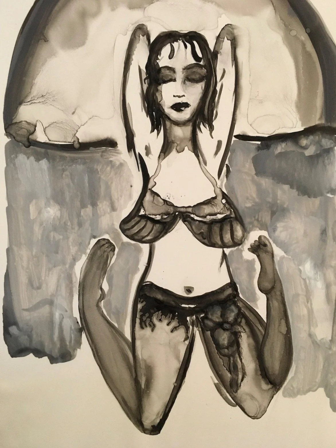 Yoga.  India and walnut ink 11 x 14 in.