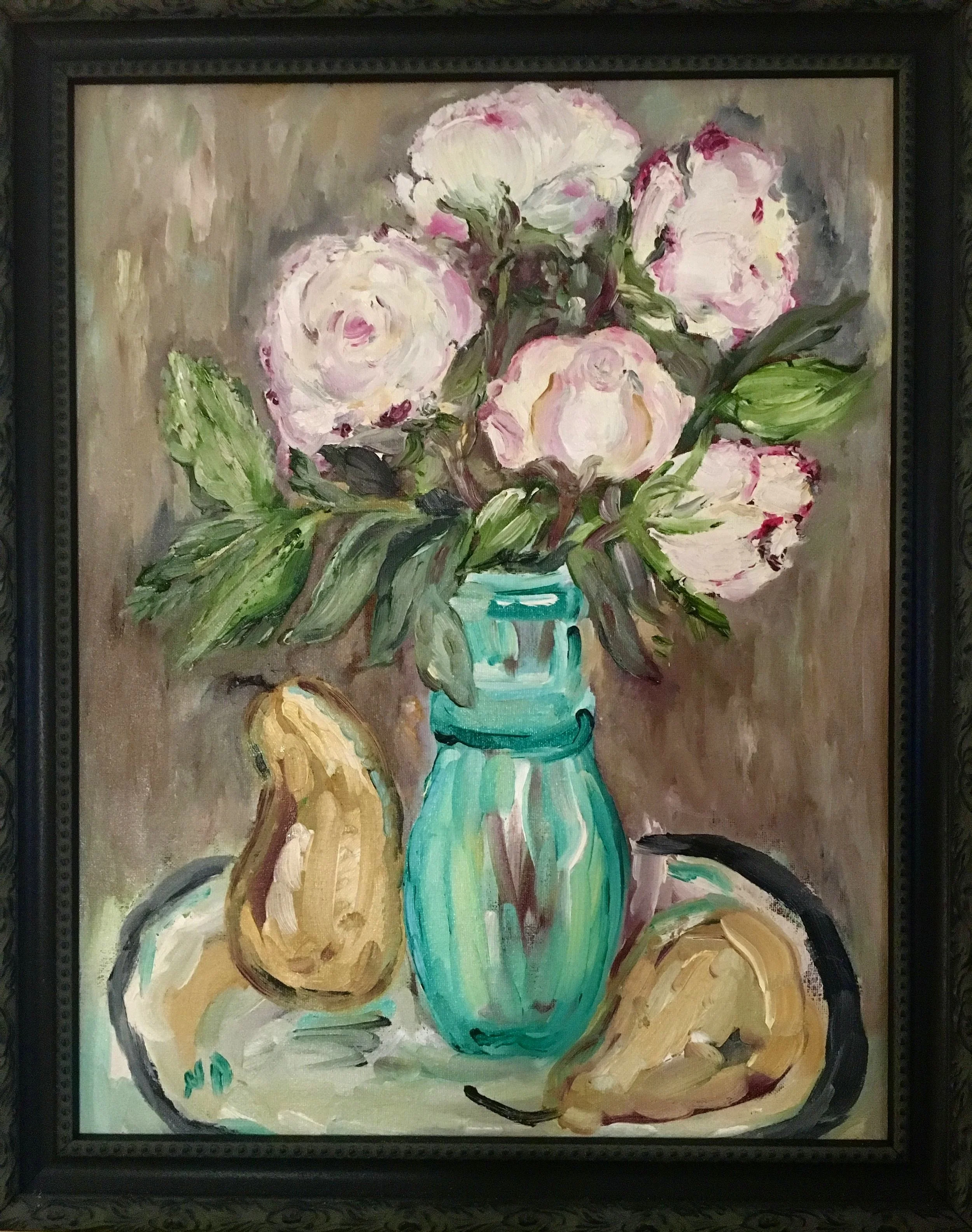 Vase, roses, pears.  Oil. on board.  14 x 18 in.