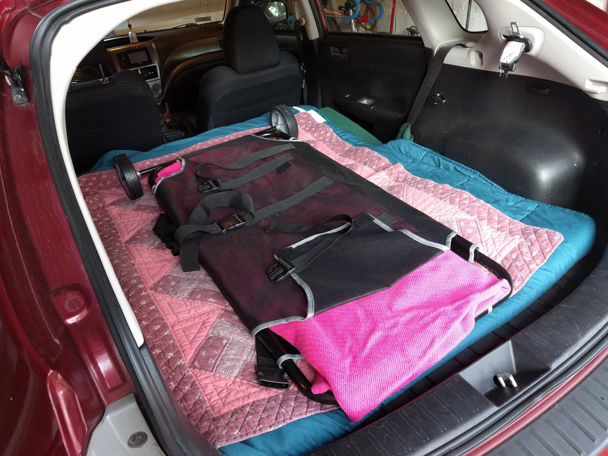 Transportation: This is my hatchback with the seats down for a larger dog. A stretcher will be used for pets over about 30 pounds. I am able to move dogs on my own with this because it has wheels on one side, but is easier with two people. For smaller pets, the back seats may be up, making a cozy area for blankets and the basket.