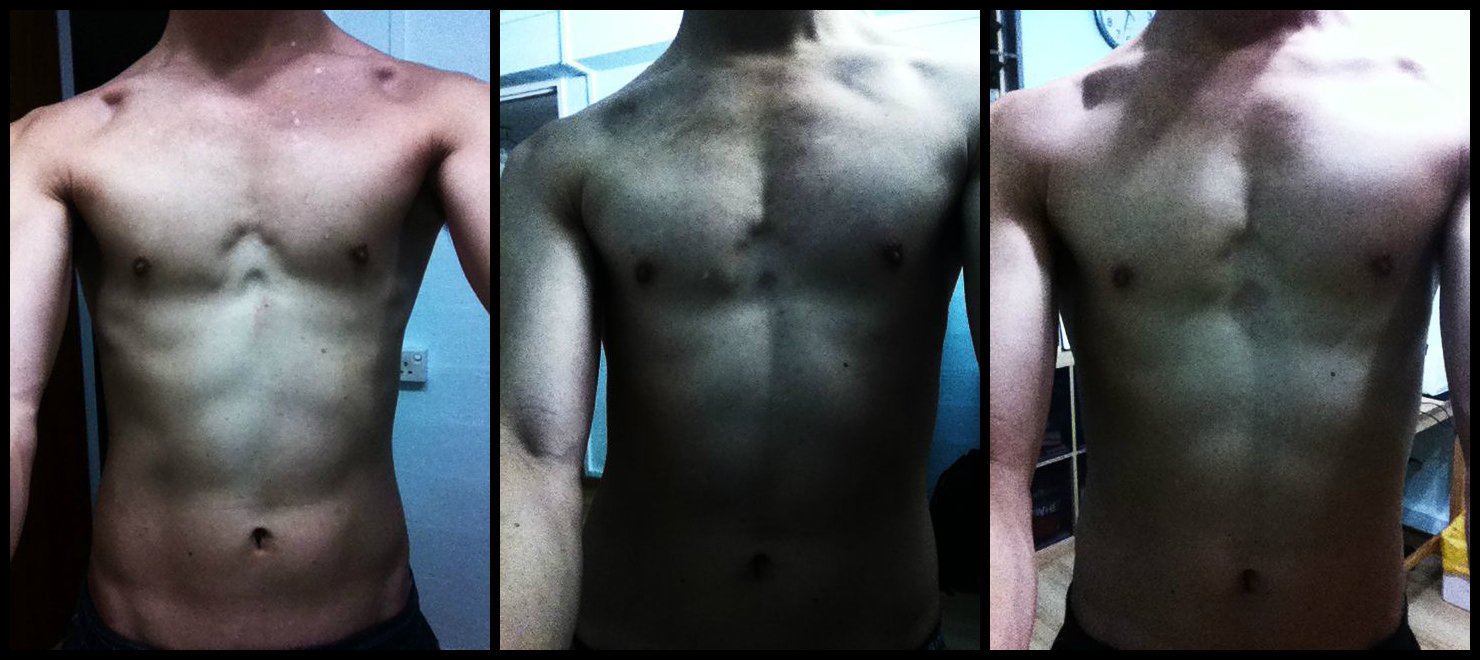 L)28th Sep'12 - 1st week of training , note the imbalance in the left shoulder, rotation of ribcage evident in the abs/obliques , as well as the lesser developed left pec relative to the right (from your view) , something I tried to correct through Jungian depth psychology. M)5th Oct'12 - 2nd week R)27th Oct'12 - 5th week