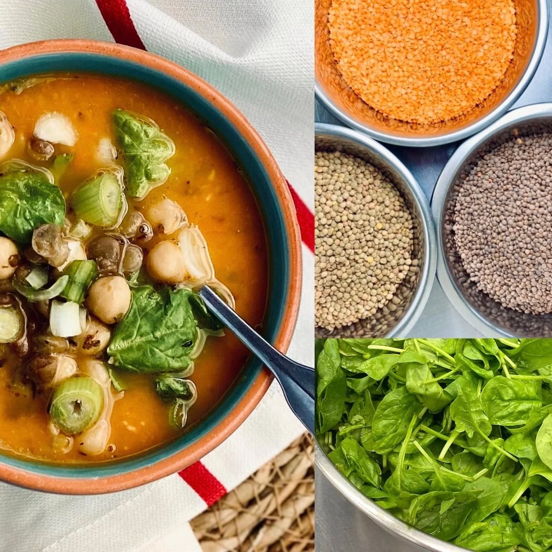 Red Green Brown lentils chickpeas sweet potato spinach soup