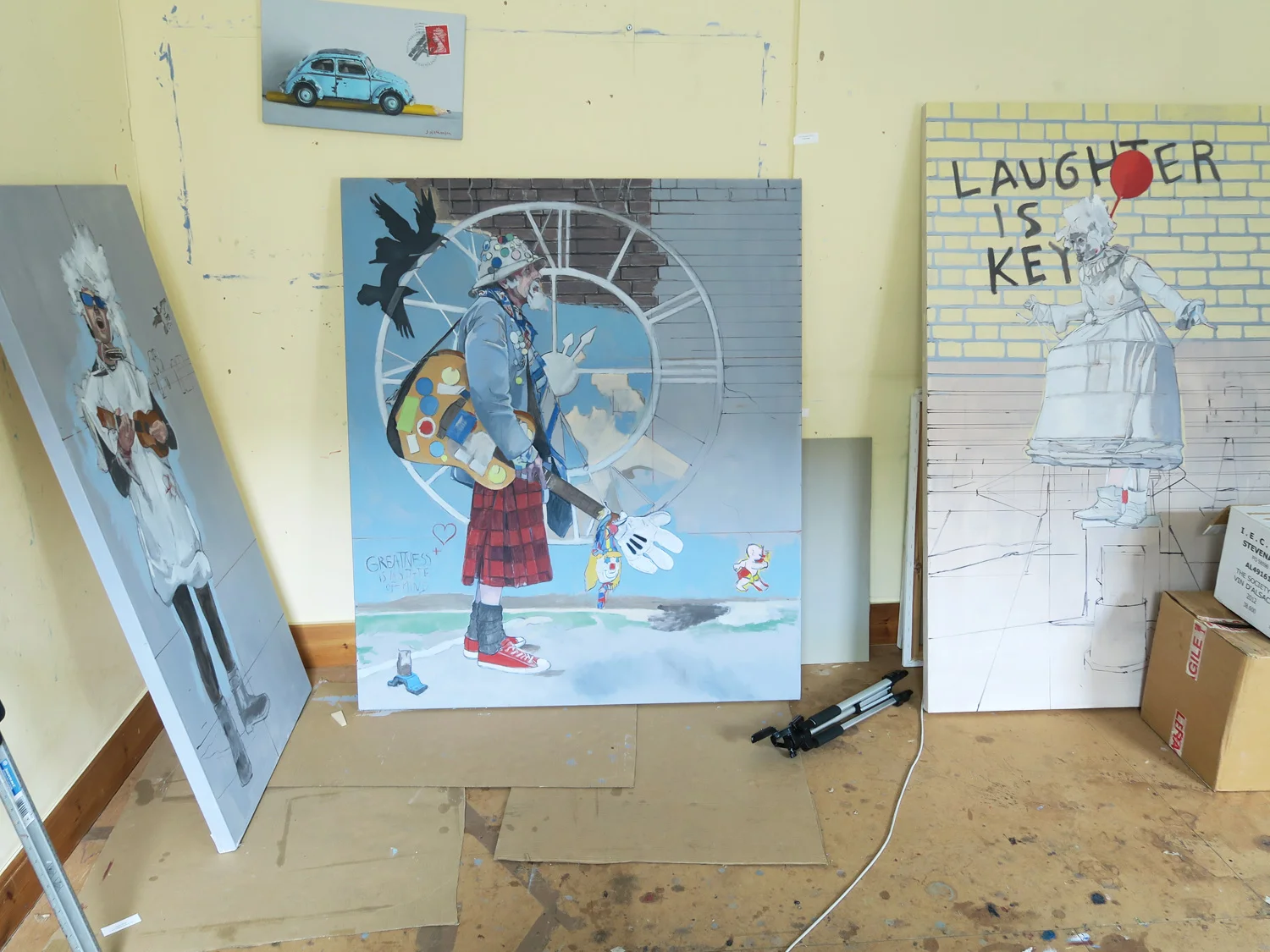 work in progress, oil on canvas, 140 x 70 cm, 140 x 120 cm and 100 x 162 cm. 3 new street performer compositions that I am now working on.